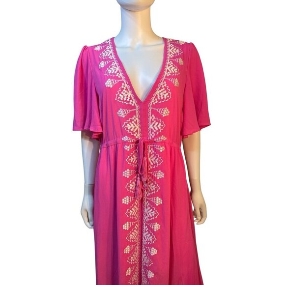 Strut & Bolt NWT Embroidered Tassel Vneck Pink White Maxi Dress Size Large - Picture 3 of 8